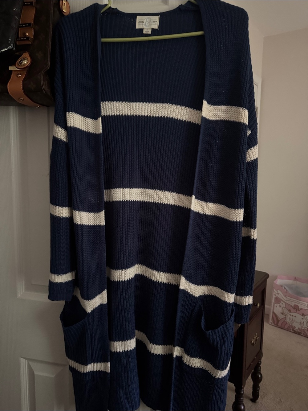 Jun & Ivy Navy and White Striped Open-Front Cardigan